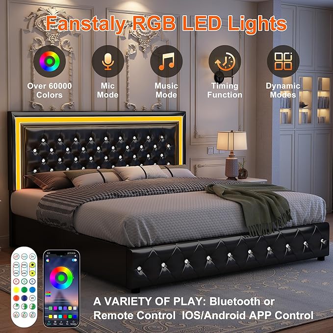 King Led Bed Frame with 4 Storage Drawers, Bed Frame with Led Lights No Box Spring Needed, 900 lbs Capacity, Easy Assembly, PU Black