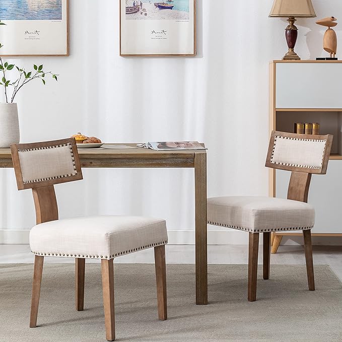 Mid Century Modern Dining Chairs Set of 2 Linen Fabric Upholstered Kitchen Side Chairs with Nailhead Trim, Modern Kitchen Armless Solid Wood Dining Chairs, Beige