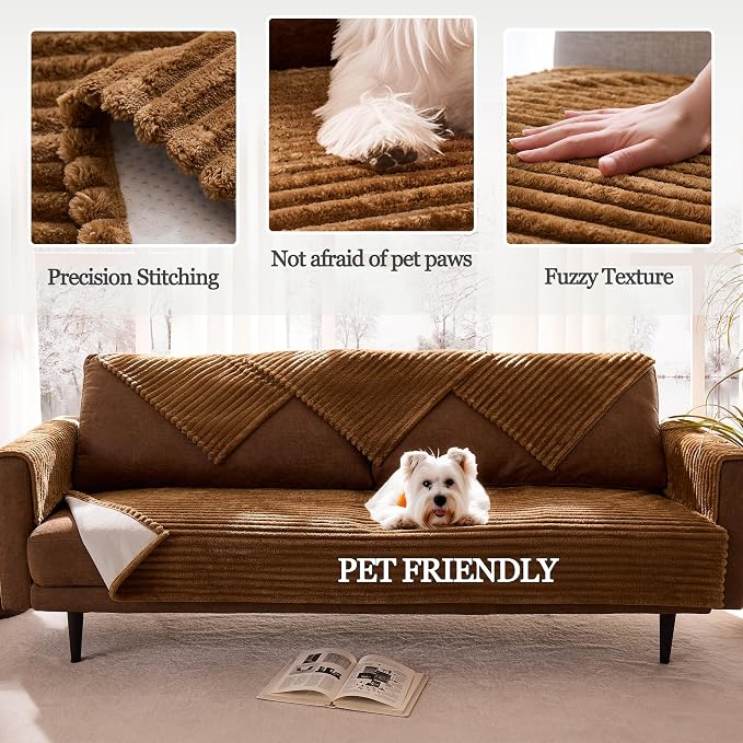 Dual Non-Slip Couch Cover for Dogs Waterproof, Fuzzy Soft Pet Couch Covers for Sofa 3 Cushion, Pet Friendly Soft Dog Bed Covers Sofa Cover Washable (Coconut, 33" x 75" 1 Pack)