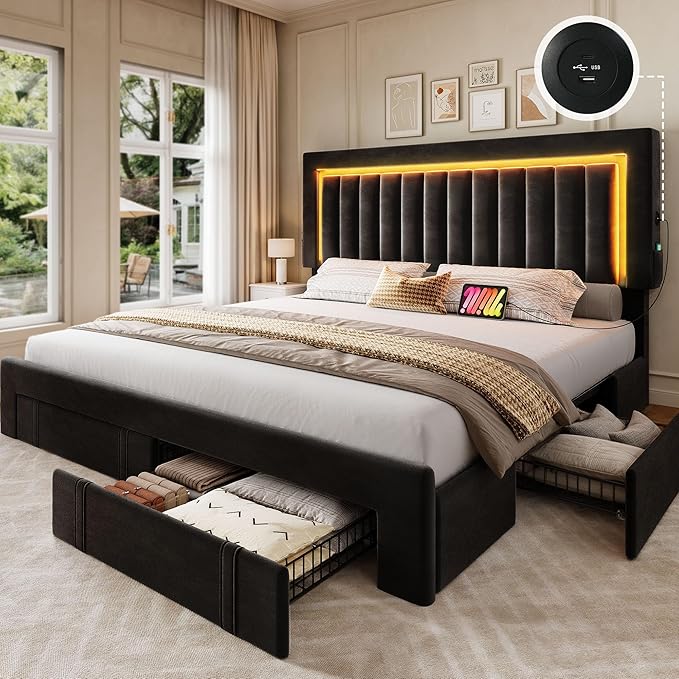 DWVO Queen Size Bed Frame with Adjustable Headboard, 4 Storage Drawers and RGB LED Lights, Velvet Upholstered Platform Bed with USB Ports, No Box Spring Needed, Fast Assembly, Noise-Free, Black