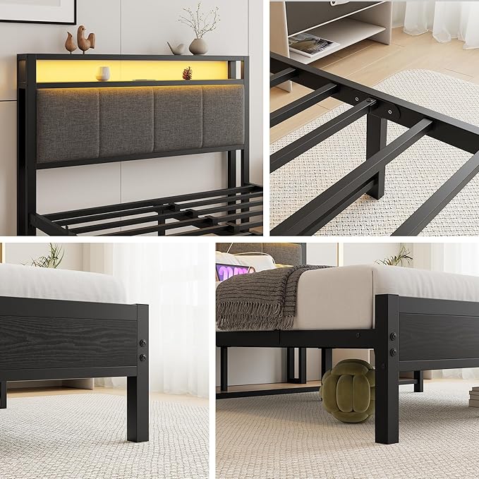 Full Size Bed Frame with LED Lights, Upholstered Headboard with Storage Shelves&Charging Station, Heavy Duty LED Bed Frame Full Mattress Foundation No Box Spring Needed, Noise Free,Grey