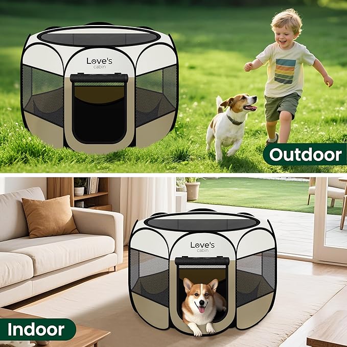 Love's cabin Pet Puppy Dog Playpen, Large Dog Tent Crates Cage Indoor/Outdoor, Portable Playpen for Cat, Foldable Pop Up Dog Kennel Playpen with Carring Case, Removable Zipper Top, Khaki