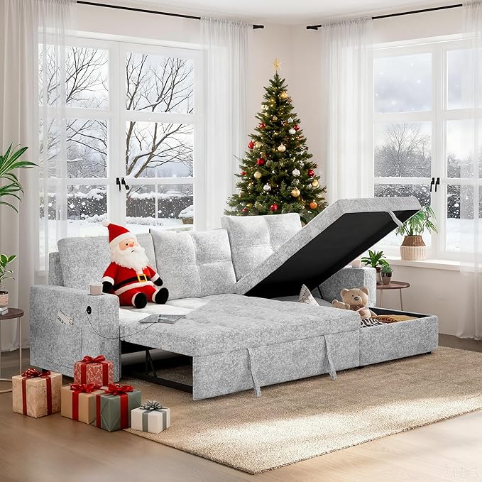 85" Sleeper Sectional Sofa Bed - L-Shaped Convertible Pull Out Couch with Reversible Storage Chaise, USB Ports & Side Pockets, Gray