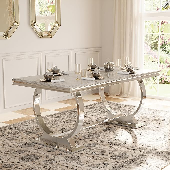 Asday 72 inch Modern Dining Room Table with Silver Stainless Steel Metal U-Base in Grey Silver