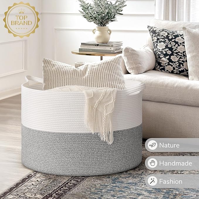 INDRESSME 115L Extra Large Blanket Basket, Soft Cotton Rope Storage Basket for Organizing, Home Decor, Toys, Laundry & Towels, Toy Storage Organizer for Living Room & Nursery, Light Grey