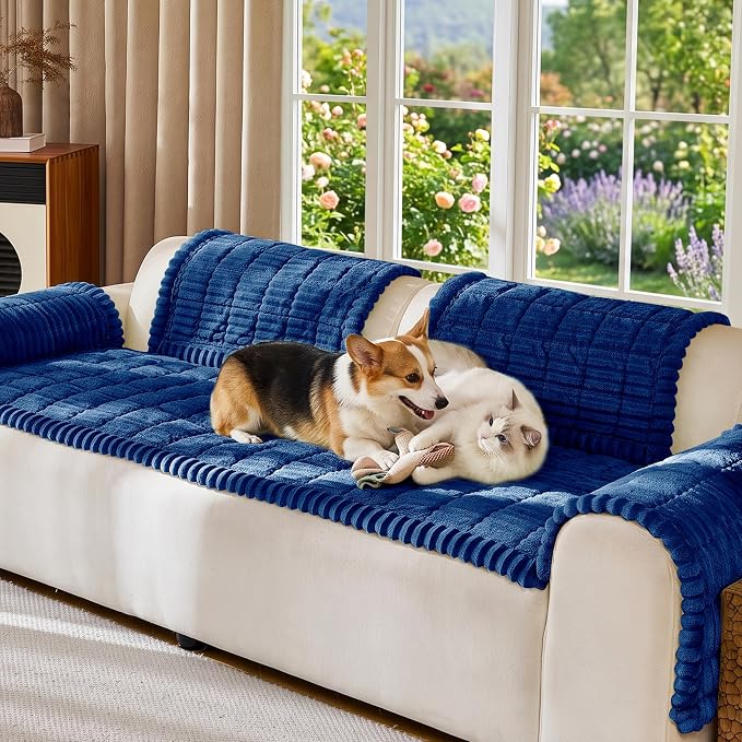 FUANGUI Waterproof Couch Cover Sofa Cover for Dogs and Pets Sofa Protector | Non-Slip Washable Fuzzy Soft Cat Bed Sofa Slipcover for 2-3 Cushion Couch Sofa Pet Friendly, Navy Blue, 27.6" x 59.1", 1 pcs