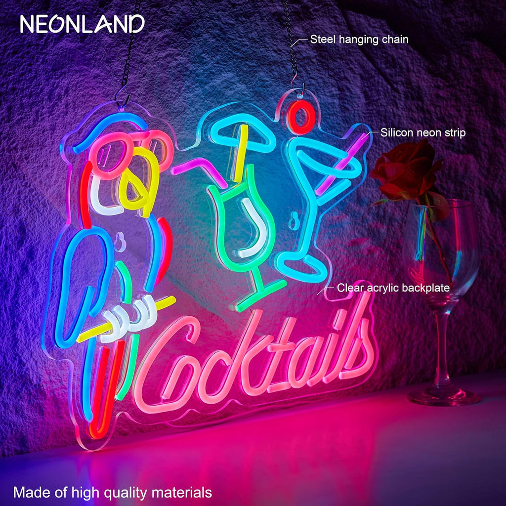 Parrot Cocktail Neon Sign for Wall Decor Bar LED Light Beer Wine Alcohol Man Cave Garage USB Powered Dimmable Art Signs