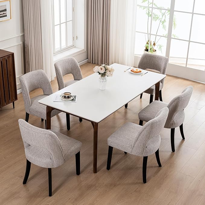 VKNOW Wooden Dining Chairs Set of 6, Modern Fabric Upholstered Dining Room Chair Kitchen Chairs, Farmhouse Dinner Chair for Kitchen Dining Room, Grey-Black Legs