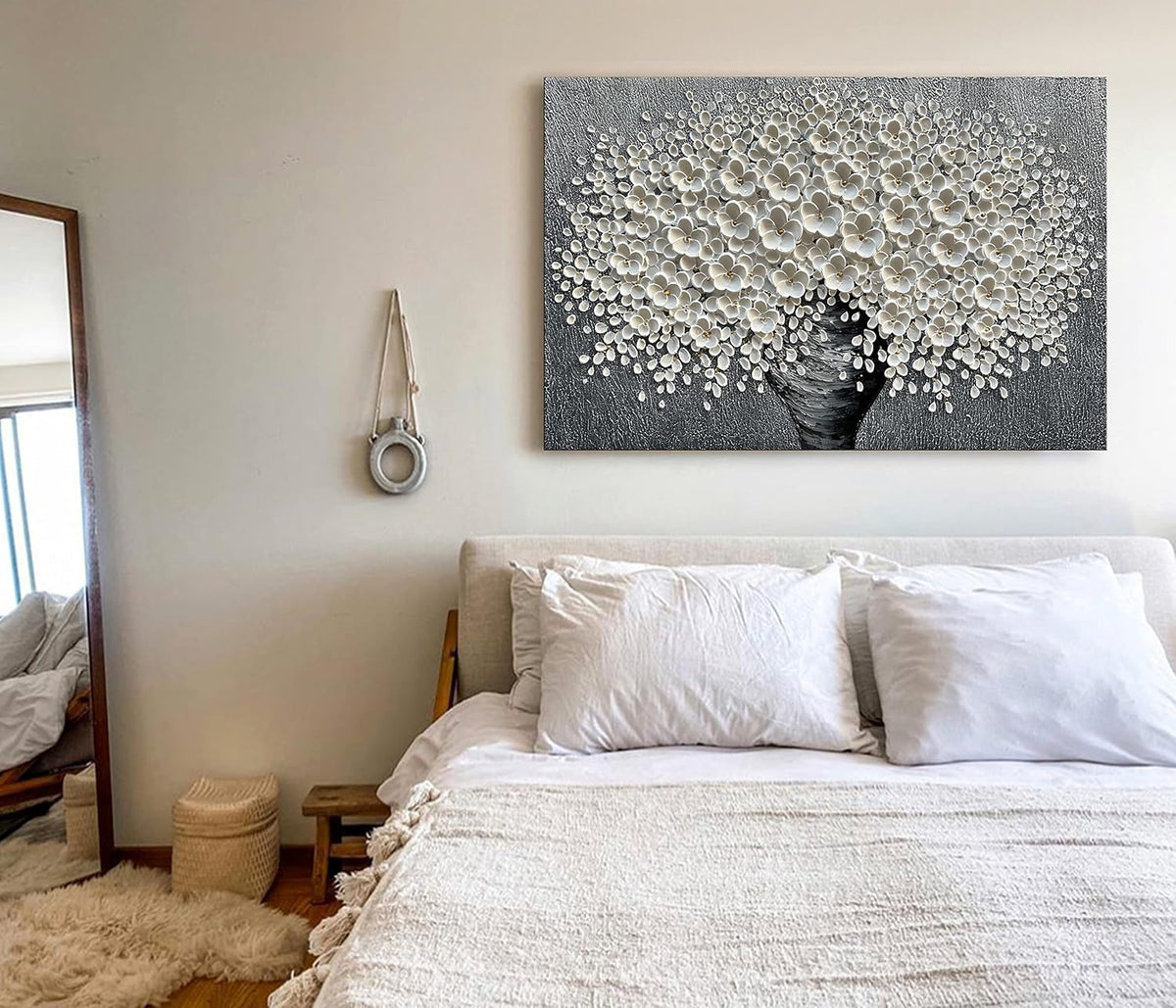 Epicler 30x45 inch Hand-Painted Oil Painting, White Bouquet Oil Painting, Canvas Wall Decoration Painting.