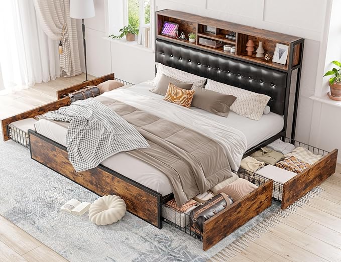 EnHomee Queen Bed Frame with 4 Storage Drawers, Bed Frame Queen Size with Upholstered Headboard and Built in Charging Station, No Noise, Metal Support, No Box Spring Needed,Vintage Brown