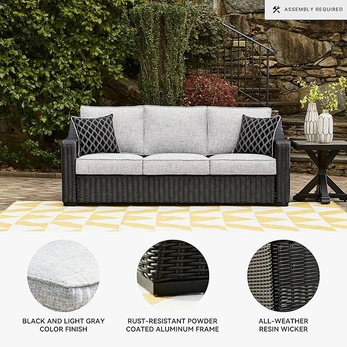 Signature Design by Ashley Beachcroft Casual Nuvella Weather Resistant Fabric Outdoor/Indoor Sofa with Cushion and 2 Toss Pillows, Black & Light Gray