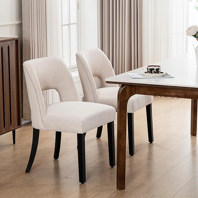 VKNOW Wooden Dining Chairs Set of 4, Modern Fabric Upholstered Dining Room Chair Kitchen Chairs, Farmhouse Dinner Chair for Kitchen Dining Room, Beige-Black Legs