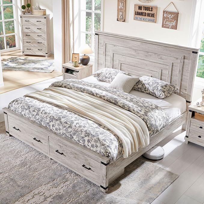T4TREAM Farmhouse King Size Bed Frame with 54" Tall Geometric Headboard & 2 Large Storage Drawers, Rustic Wood Platform Bed with Wood Slats Support, No Box Spring Needed, Antique Brushed White