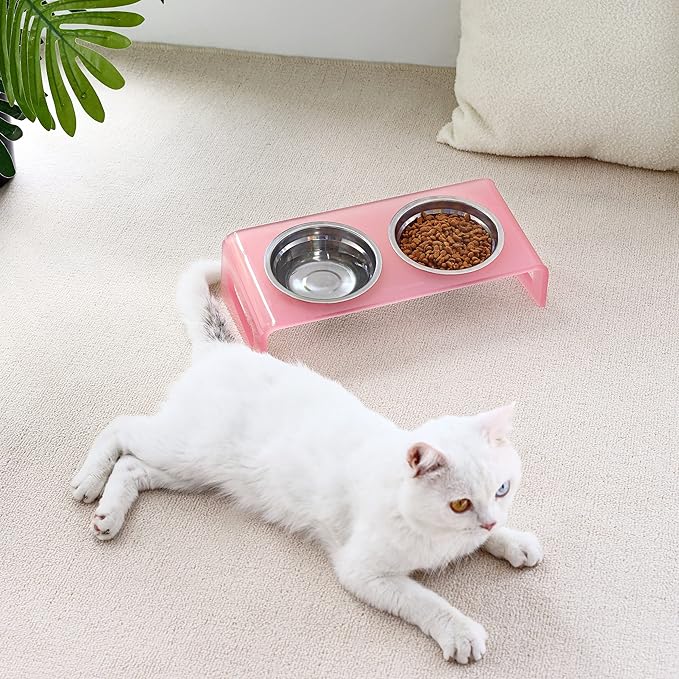 Tilted Raised Elevated Food and Water Bowls Stand for Cat or Small Dogs - Puppy's Clear Acrylic Stainless Steel Dishes Holder for Boy or Girl Pet,Modern,Durable and Easy to Clean by WBhonghui (Pink)