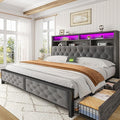 EnHomee King Size Bed Frame with 4 Drawers and Upholstered Storage Headboard,Wooden King Bed Frame with Charging Station and LED Lights,NO Noise,No Box Spring Needed,Gray