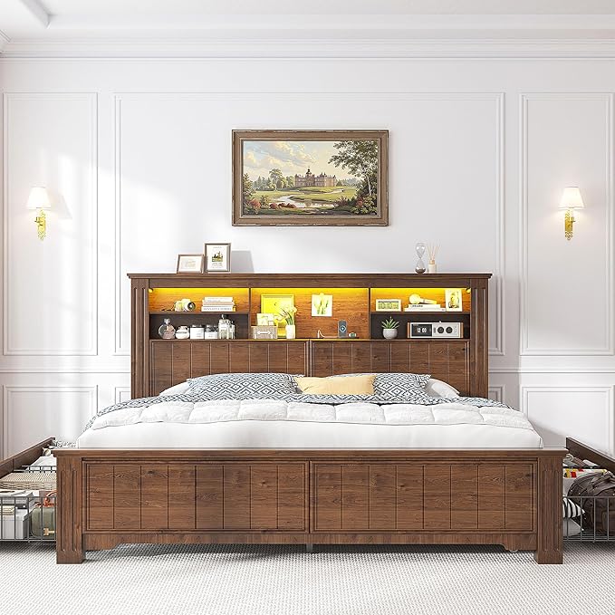 EnHomee Queen Bed Frame with 4 Storage Drawers, Bed Frame Queen Size with Headboard, Queen Bed with LED Lights & Charging Ports,No Box Spring Needed,NO Noise,Wooden, Brown