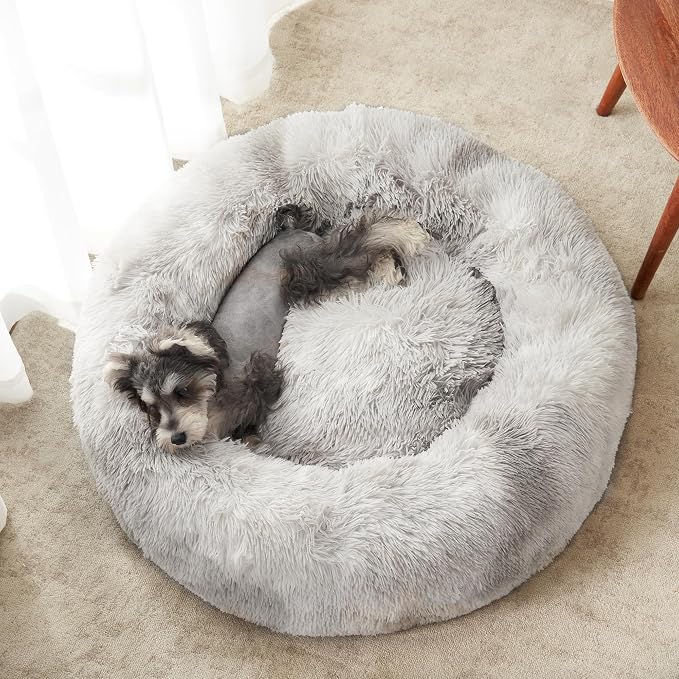 Western Home Calming Donut Small Dog Cat Bed Washable Puppy Bed,24" | Fluffy Faux Fur Round Cuddler,Anti-Anxiety,Anti-Slip Bottom,Pet Beds for Puppy&Small Dog&Large Cat,Up to 25 LBS White Grey