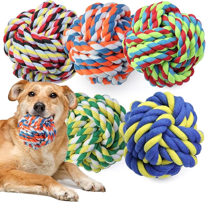 Extra Large Rope Balls for Aggressive Chewers - 5 Pack Chew Toys for Medium Large Breeds, Dental Dog Balls, Puppy Teething Toys, Interactive Games