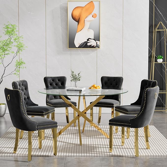 47.24" Round Glass Dining Room Table for 6 with Tempered Glass Top and Gold Chrome Metal Legs, Modern Clear Kitchen and Dinner Table for Home Office Dining Room