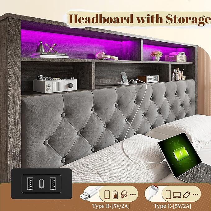 EnHomee Queen Bed Frame with Storage Headboard & 4 Drawers,Wooden Bed Frame Queen Size with Charging Station & LED Lights Upholstered,NO Noise,No Box Spring Needed,Gray