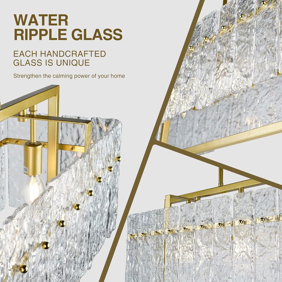IKK Modern Gold Rectangle Chandeliers for Dining Room, Crystal Water Ripple Light Fixture, Elegant Farmhouse Linear Lighting for Kitchen Island, Bar Table, L33 x W9 x H12