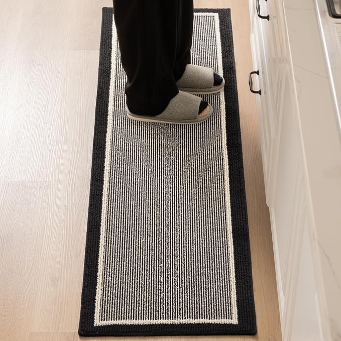 GRANNY SAYS Kitchen Mats for Floor, Kitchen Rugs Non Slip Washable, Runner Rugs for Kitchen Floor, 59" x 17.7", Stain Resistant Comfort Standing Mat Made of 100% Polypropylene, Black - White Stripes