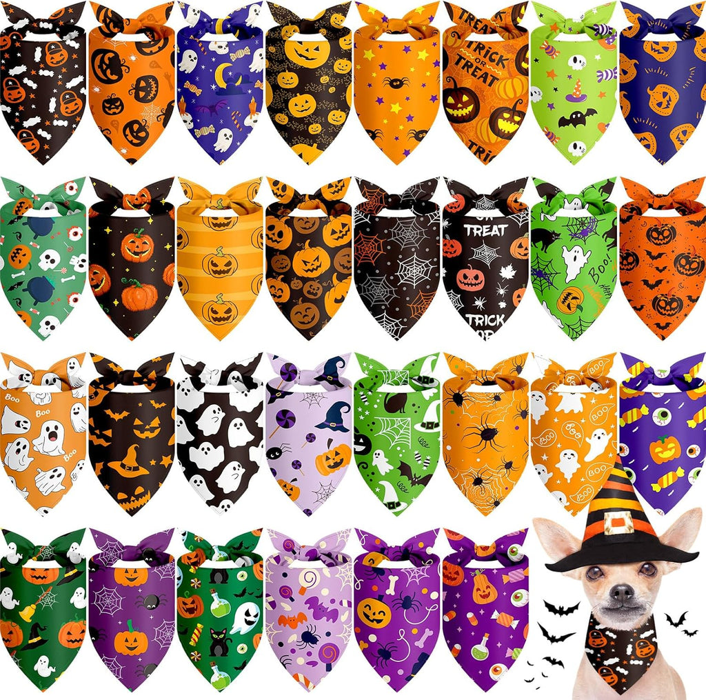 Chunful 30 Pcs Halloween Dog Bandanas Bulk Triangle Bandanas for Dogs Grooming with Pumpkin Ghost Patterns Soft Bibs Adjustable Doggie Scarf for Small Medium Large Pets Costume 25.6 x 17.7 x 17.7 in