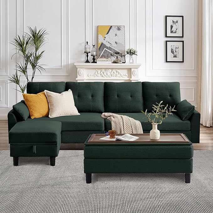 102" L-Shape Sofa Couch, Couch with Ottoman Coffee Table, 4 Seat Modern Sofa with Removable Cover for Apartment and Living Room, Green