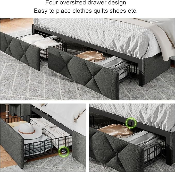 Feonase King Size Bed Frame with 4 Storage Drawers, Upholstered Platform Bed with Charging Station, Wingback Storage Headboard, Wooden Slats Support, No Box Spring Needed, Easy-Assembly, Dark Grey