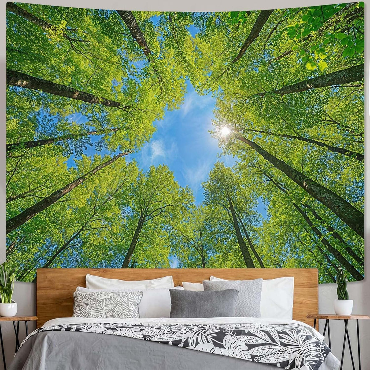 AMM Nature Forest Tree Celling Tapestry Lush Green Treetops Sunlit Tapestry for Bedroom Aesthetic Sky Sunlight Canopy Leaves Landscape Tapestries Wall Hanging for Living Room Dorm Office 90 x 68 Inch