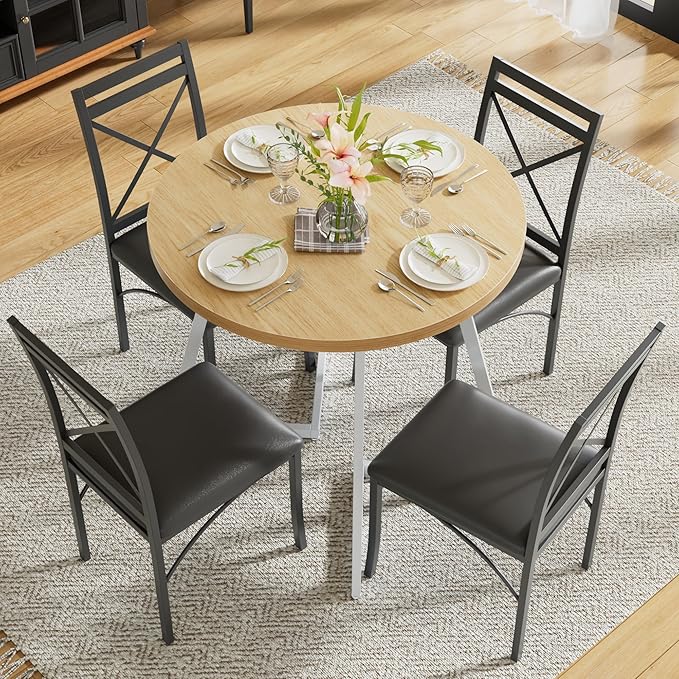 VECELO 35" Round Dining Table for 4, Wood-Grain Tabletop & Heavy-Duty Steel Frame, for Kitchen, Living Room, Easy Assembly, Natural & White