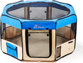 Pawer 45”×24” 8-Panel Foldable Pet Playpen, Blue+Beige, Personalize Embroidery Extra Fabric Piece Available, for Cat/Dog/Puppy, 600D Oxford Cloth Portable Indoor & Outdoor Kennel with Carry Bag