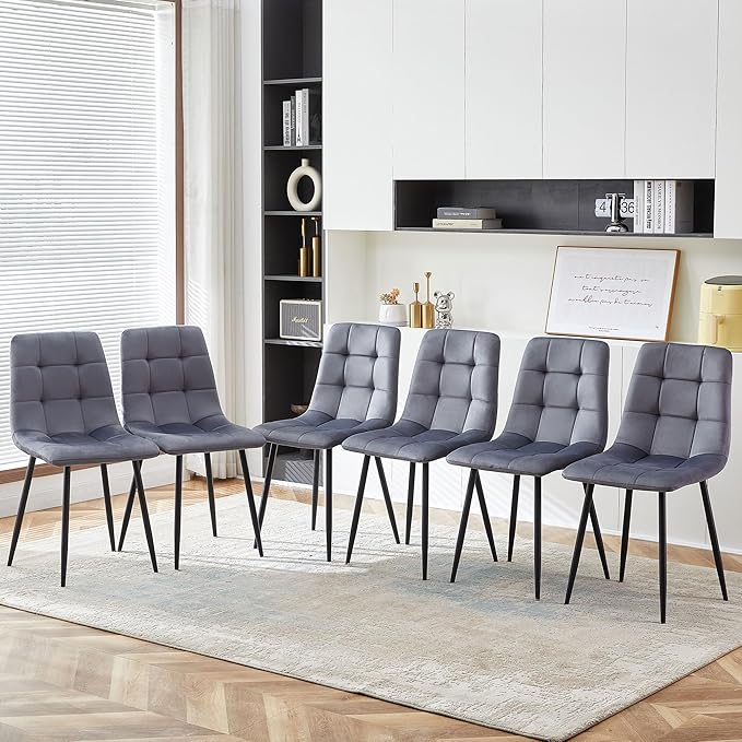 NORDICANA Grey Velvet Dinner Chairs Set of 6 Modern Armless Dining Side Chairs with Metal Legs for Kitchen Living Room Vanity