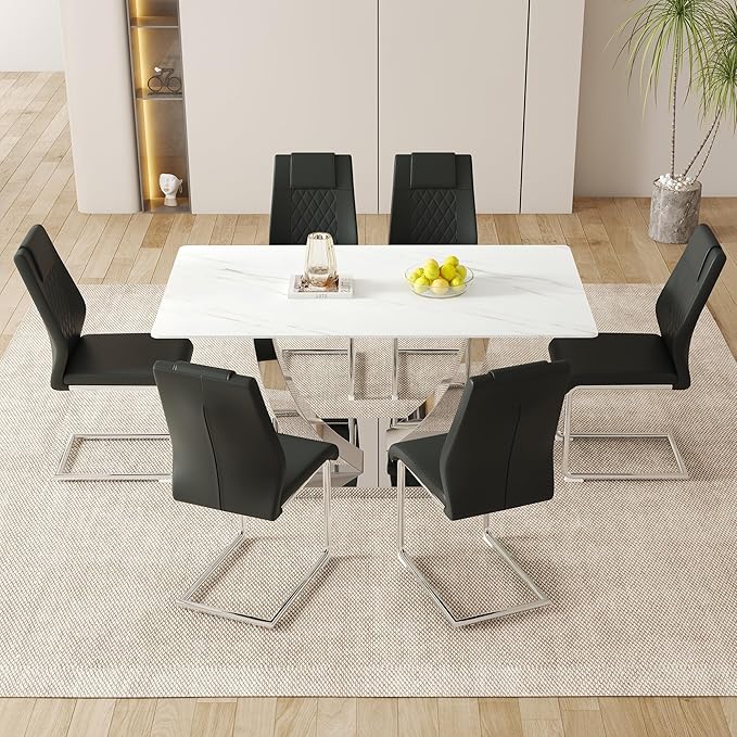 AZmac 63" Modern Dining Table Set for 6, White Dining Room Set for 6, Tempered Glass Kitchen Table and PU Leather Chairs, Marble Pattern Top with Sturdy Silver Chrome Base