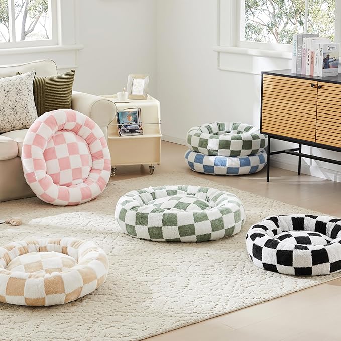 Ohocut Checkered Dog Bed, Cute Blue Retro Style Aesthetic Round Warming Pet Calming Beds for Small Dog and Cats, Plush Cozy Donut Dog Beds Washable, 30" L x 30" W x 8" Th