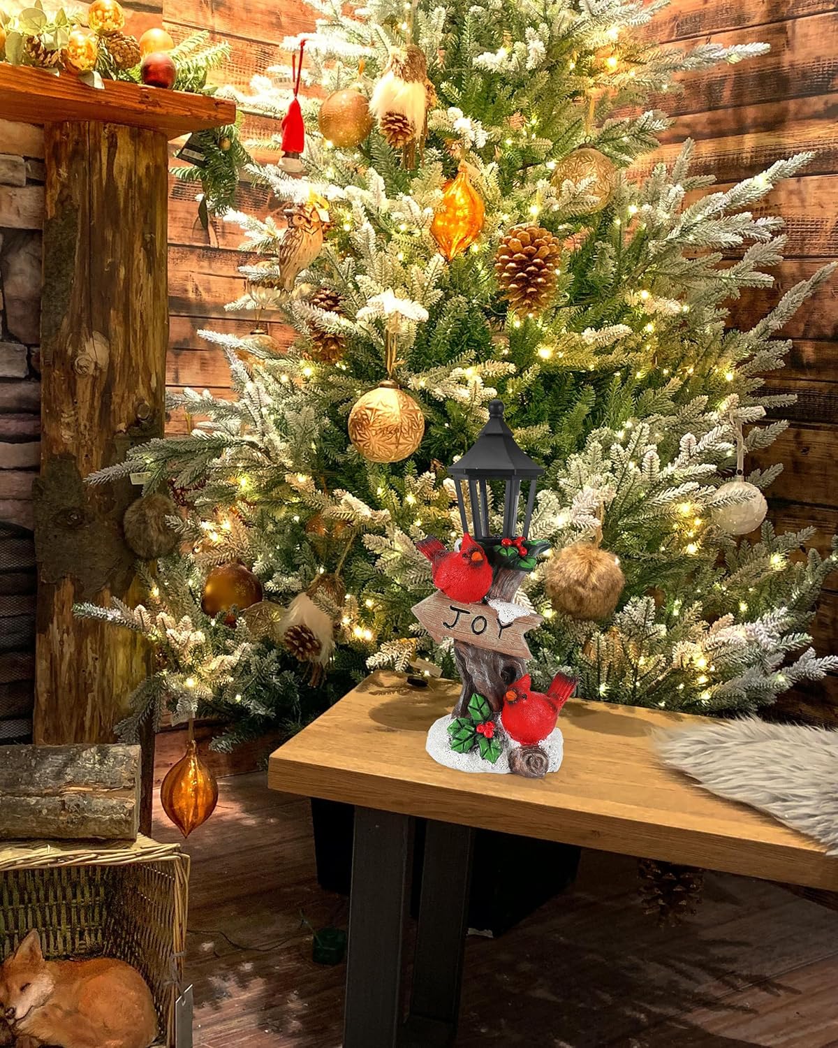 iStatue Lighted Cardinal Christmas Ornaments - 10’’ Resin 2 Red Birds Joy Lamp Post Figurine with Candle Lantern - Unique Xmas Decorations Indoor Decor Gift (Cardinal)