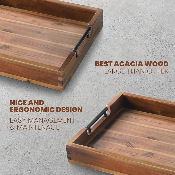 Ottoman Tray, Acacia Wood Serving Tray with Metal Handles, 16.5x12.5in Food Drinks Tray for Coffee Table, Breakfast, Dinner & Bar, Rustic Decorative Storage Tray for Ottoman, Kitchen, Packaging