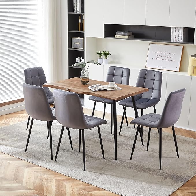 NORDICANA Grey Velvet Dinner Chairs Set of 6 Modern Armless Dining Side Chairs with Metal Legs for Kitchen Living Room Vanity