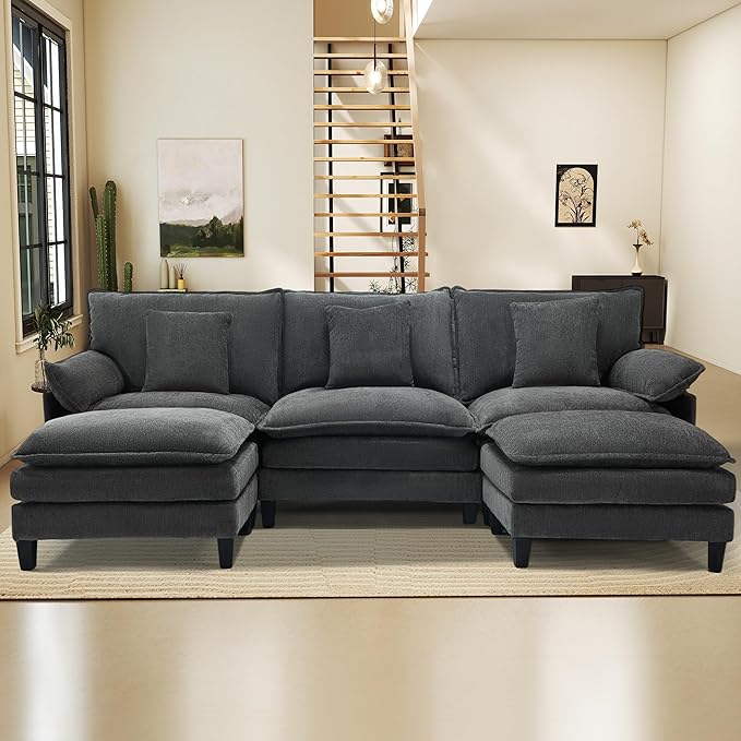 Modular Sectional Sofa, Comfy Cloud Couch with Movable Ottoman, Deep Seat Couches for Living Room, Bedroom and Apartment, 106" U Shaped Modern Sofa with Pillows, Grey