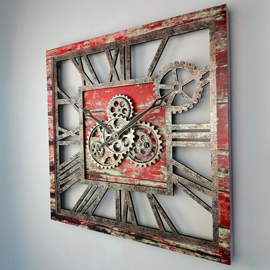 The Gears Clock 24'' Inch Square Real Moving Gear Wall Clock Vintage Industrial Oversized Rustic Farmhouse (Red Lava)