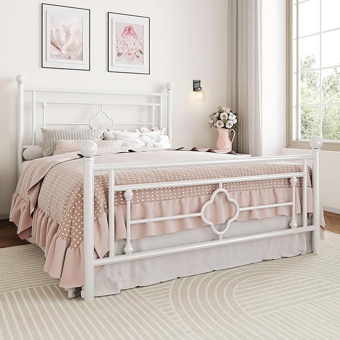 SHA CERLIN 14 Inches Full Size Metal Platform Bed Frame/Vintage Iron-Art Headboard and Footboard/Mattress Foundation for Storage/No Box Spring Needed/Noise-Free/Easy Assembly/White