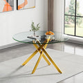 47.25" Round Dining Table for 6, Modern Clear Glass Kitchen Table for 6 with Gold X Metal Legs, Contemporary Small Circle Dining Room Leisure Tables for Kitchen Apartment