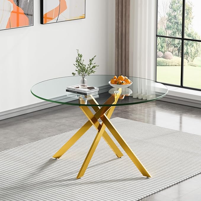 Goujxcy 5 Piece Round Glass Dining Table Set for 4, 47" Round Dining Table & Chair Set Modern Circle Glass Kitchen Table and 4 Velvet Upholstered Chairs for Kitchen Dining (Gold Table & Beige Chair)