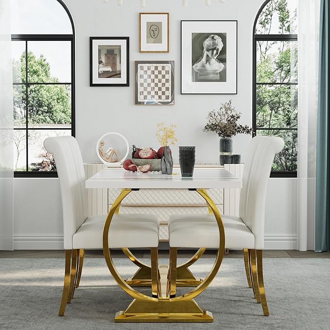 Asday Modern Dining Table with Gold Stainless Steel Metal U-Base in White Gold