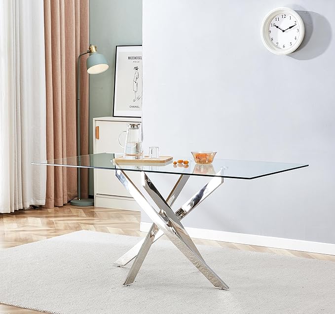 51-Inch Glass Dining Room Table for 4-6 People, Modern Rectangular Kitchen Dining Table with Silver Cross-Shape Stainless Steel Legs for Apartment Kitchen Dining Room