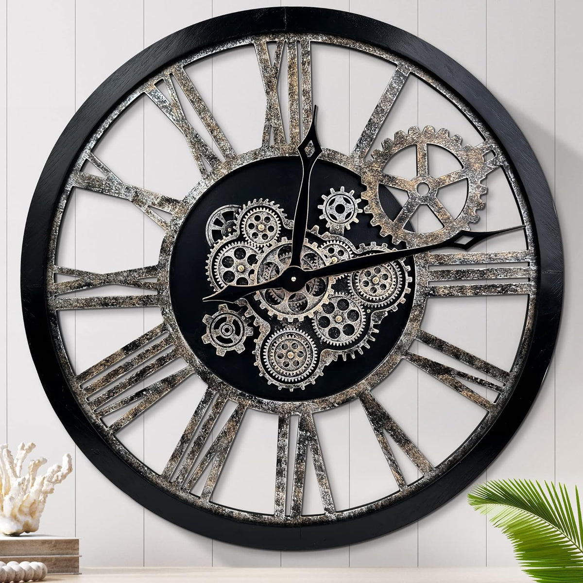 HOIBAI Large Wall Clock, Wall Clocks for Living Room Decor 36 Inch Farmhouse Vintage Rustic Kitchen Wall Decor Vintage Roman Oversized Wall Clock for Home Bedroom House, Moving Gears Clock
