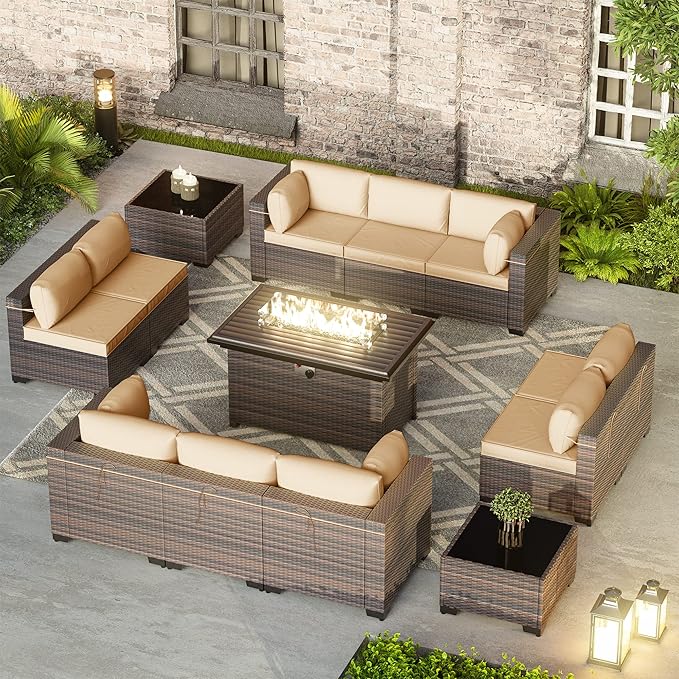 Gotland 13 Pieces Patio Furniture Set with Fire Pit Table, All Weather PE Rattan Outdoor Furniture with 29.5'' High Backrest 4’’ Thick Cushions Coffee Table, Patio Conversation Set for Deck, Khaki