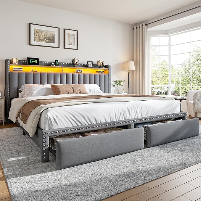 EnHomee King Size Bed Frame with 2 Storage Drawers, Upholstered Platform Bed with LED Lights and Charging Station, Sturdy Wooden Slats Support, No Box Spring Needed, Noise Free, Grey