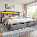 EnHomee King Size Bed Frame with 2 Storage Drawers, Upholstered Platform Bed with LED Lights and Charging Station, Sturdy Wooden Slats Support, No Box Spring Needed, Noise Free, Grey