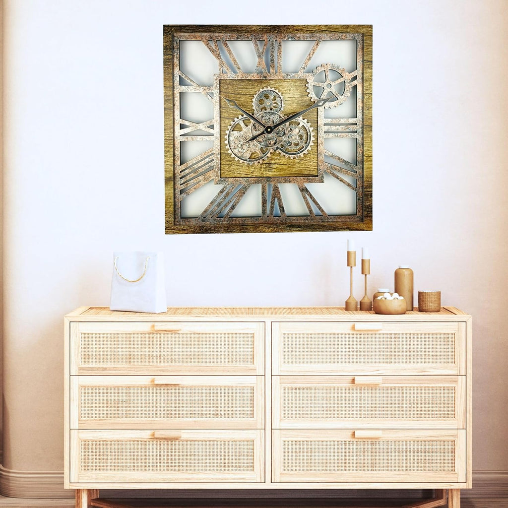The Gears Clock 24'' Inch Square Real Moving Gear Wall Clock Vintage Industrial Oversized Rustic Farmhouse (Gold Antique)